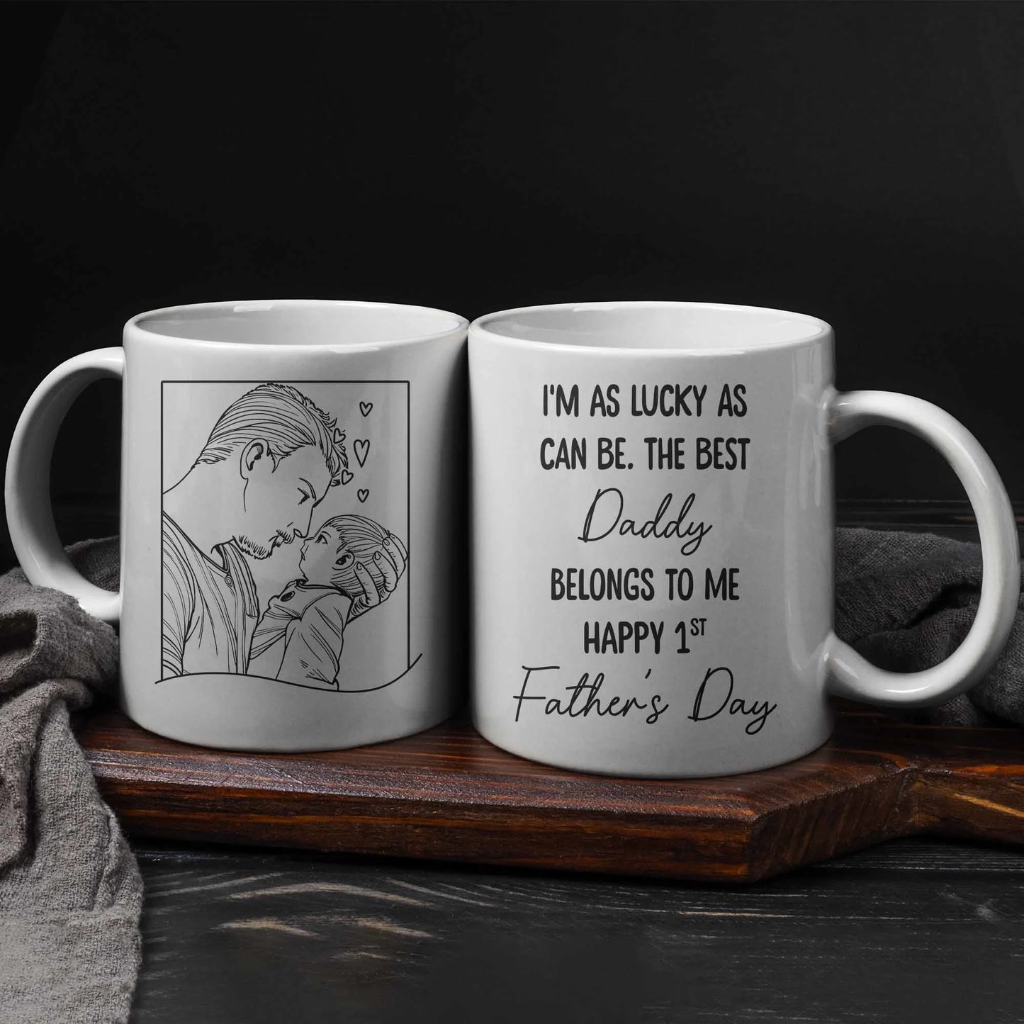 Custom Father Child Photo Mug - Personalised First Fathers Day Line Drawing Gift