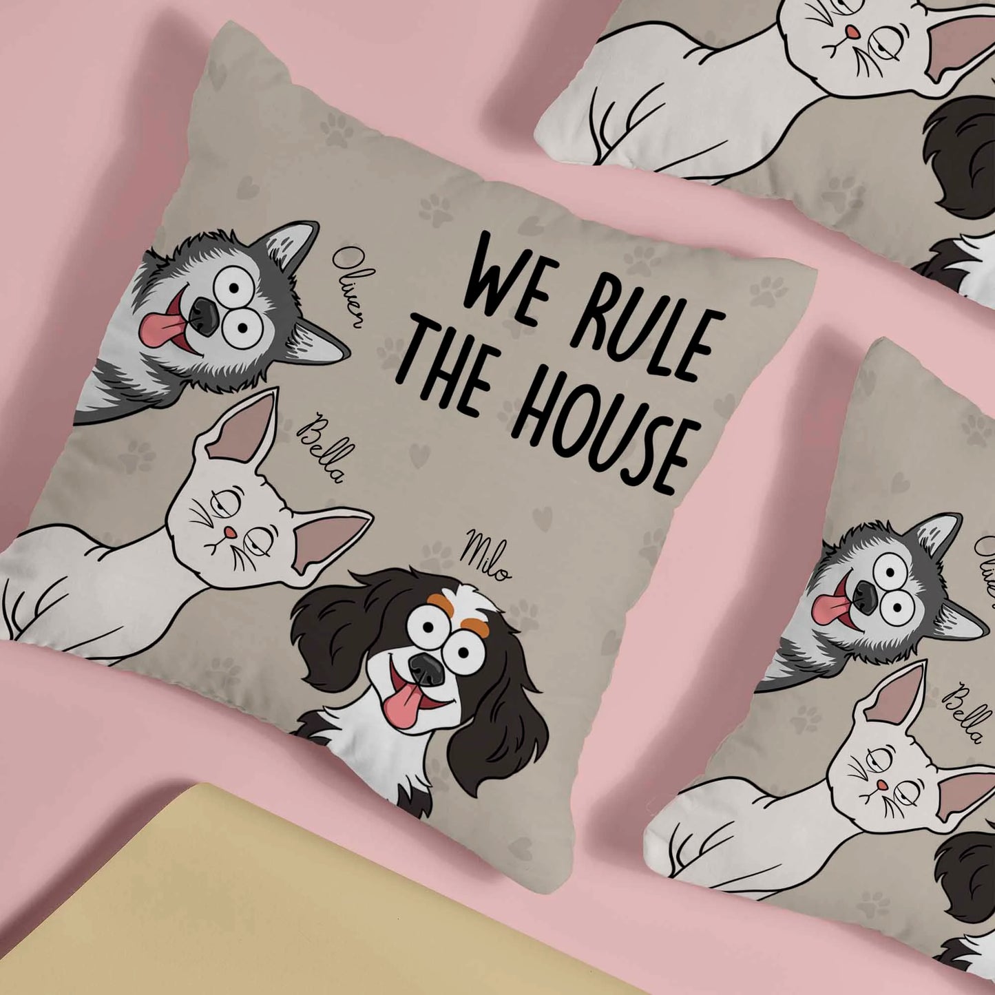 Personalised Family Name Cushion - We Rule The House Dog Cat Version Pillow - Gift for Dad or Pet Lovers