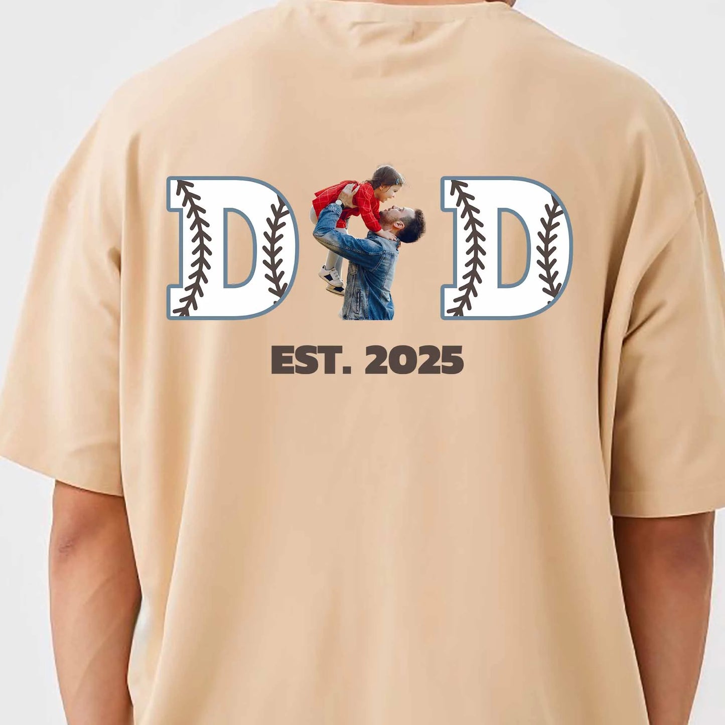Custom Baseball Dad T-Shirt - Personalised Father Child Photo Est Year Beige Gift