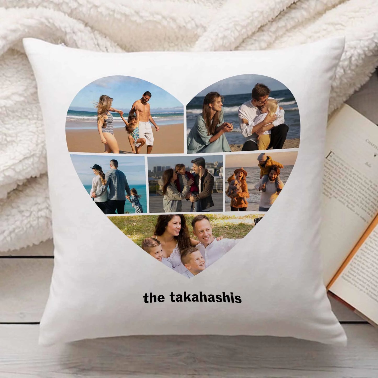 Personalised Family Gift Pillowcase - Custom Surname Heart Shaped Photo Collage Memories
