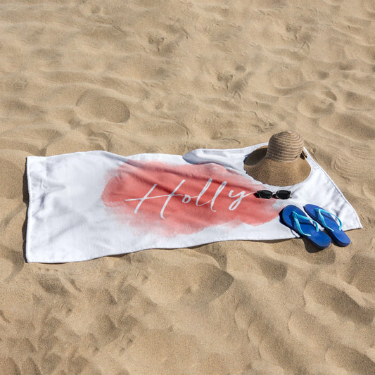 Personalised Summer Beach Towel - Pink Watercolor Holly Text, Holiday Gift