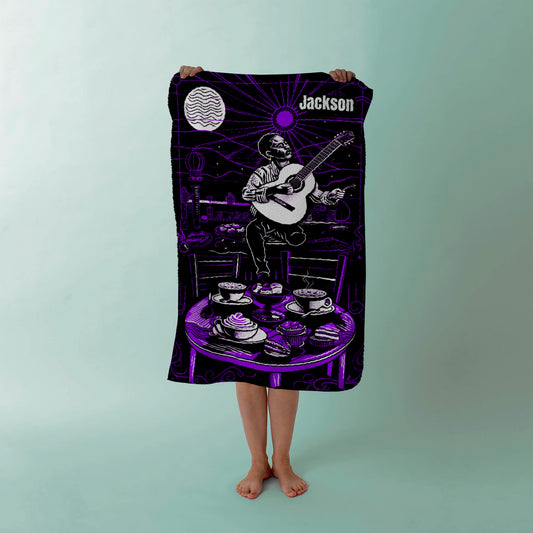 Coffee Shop Theme Beach Towel, Cozy Summer Style, Personalised Cafe Music Design