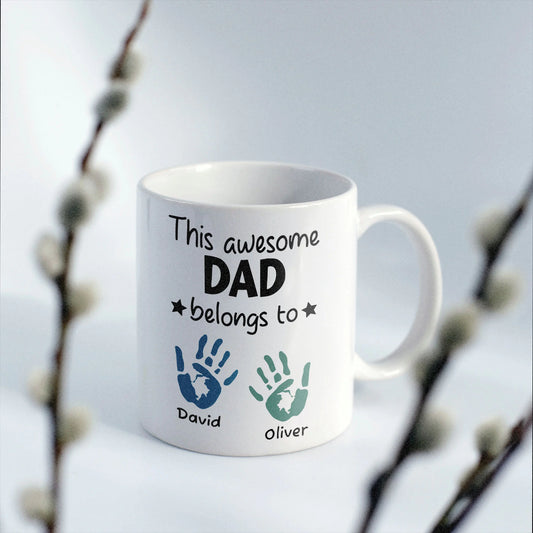 Personalised Mug with Handprints And Names - This Awesome Dad Belongs To