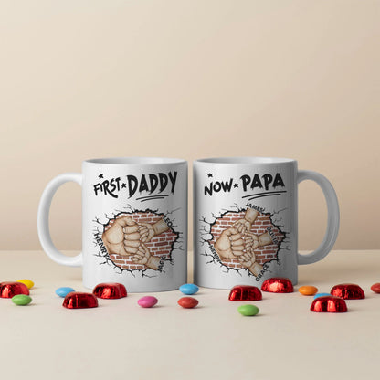 Personalised New Father Mug - Custom First Daddy Fist Bump Brick Wall Names Gift