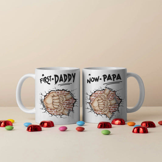 Personalised New Father Mug - Custom First Daddy Fist Bump Brick Wall Names Gift
