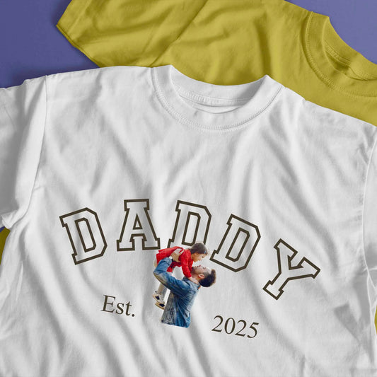 Personalised Daddy Established T-Shirt - Custom Father Child Photo White Gift