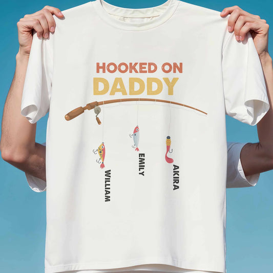 Custom Fishing Dad T-Shirt - Hooked On Daddy Design, Personalised Kids Names Gift