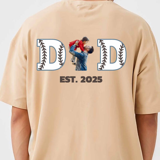 Custom Baseball Dad T-Shirt - Personalised Father Child Photo Est Year Beige Gift