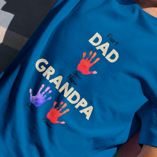 Custom Grandpa Dad T-Shirt - Colorful Handprints Design, Personalised Children Names