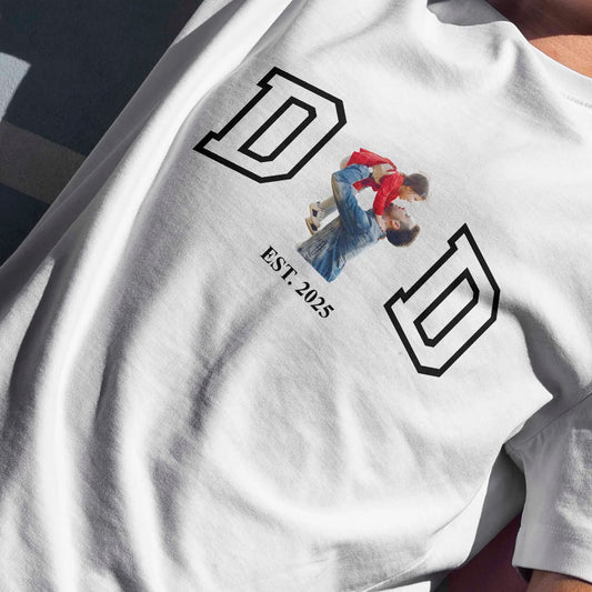Personalised Father Child T-Shirt - Custom Dad Est White Photo Design