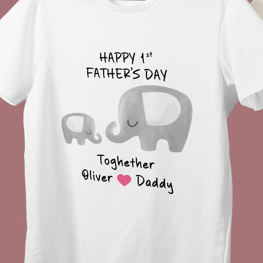 Custom New Father T-Shirt - Parent Child Elephant, Personalised Heart Design Gift