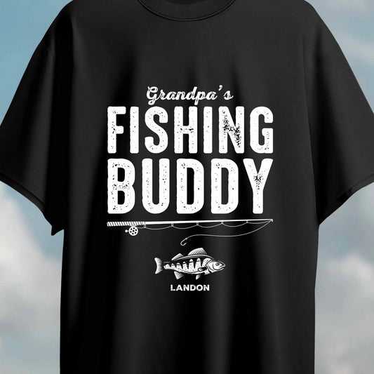 Personalised Grandfather T-Shirt - Fish Rod Illustration, Custom Grandchild Name Gift