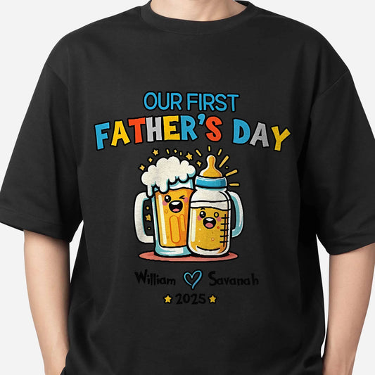 Custom Father's Day T-Shirt - Baby Bottle Beer Mug, Personalised Family Names Gift