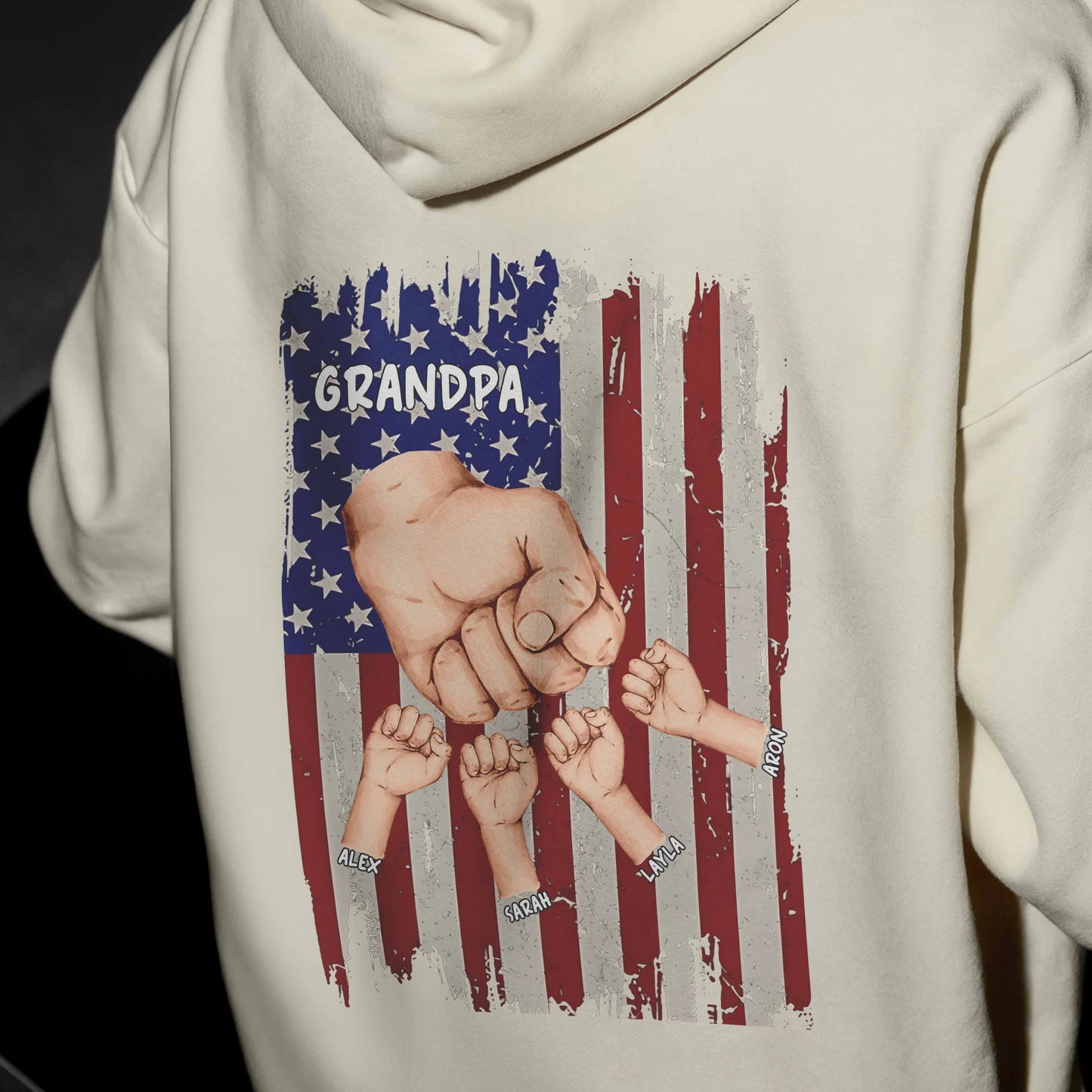 Personalised USA Flag Grandpa Hoodie - Multiple Grandchildren Names, Fist Design