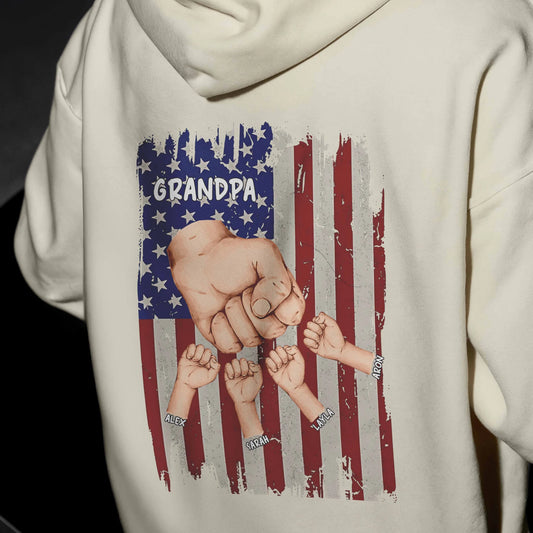 Personalised USA Flag Grandpa Hoodie - Multiple Grandchildren Names, Fist Design