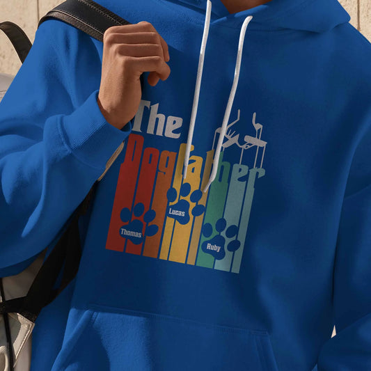 Custom Dog Dad Hoodie - Dogfather Design, Personalized Pet Names Rainbow Stripes