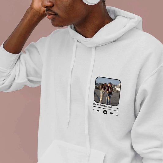 Custom Photo Dad Hoodie - World's Greatest Dad Music Player Design, Father's Day Gift