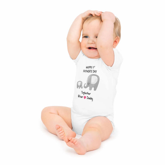 Personalised Infant Onesie - Happy First Fathers Day Elephant Design For Dad