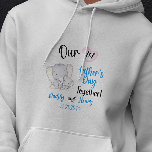 Personalised Fathers Day Hoodie - Cute Elephant Artwork for New Dads with Child Name