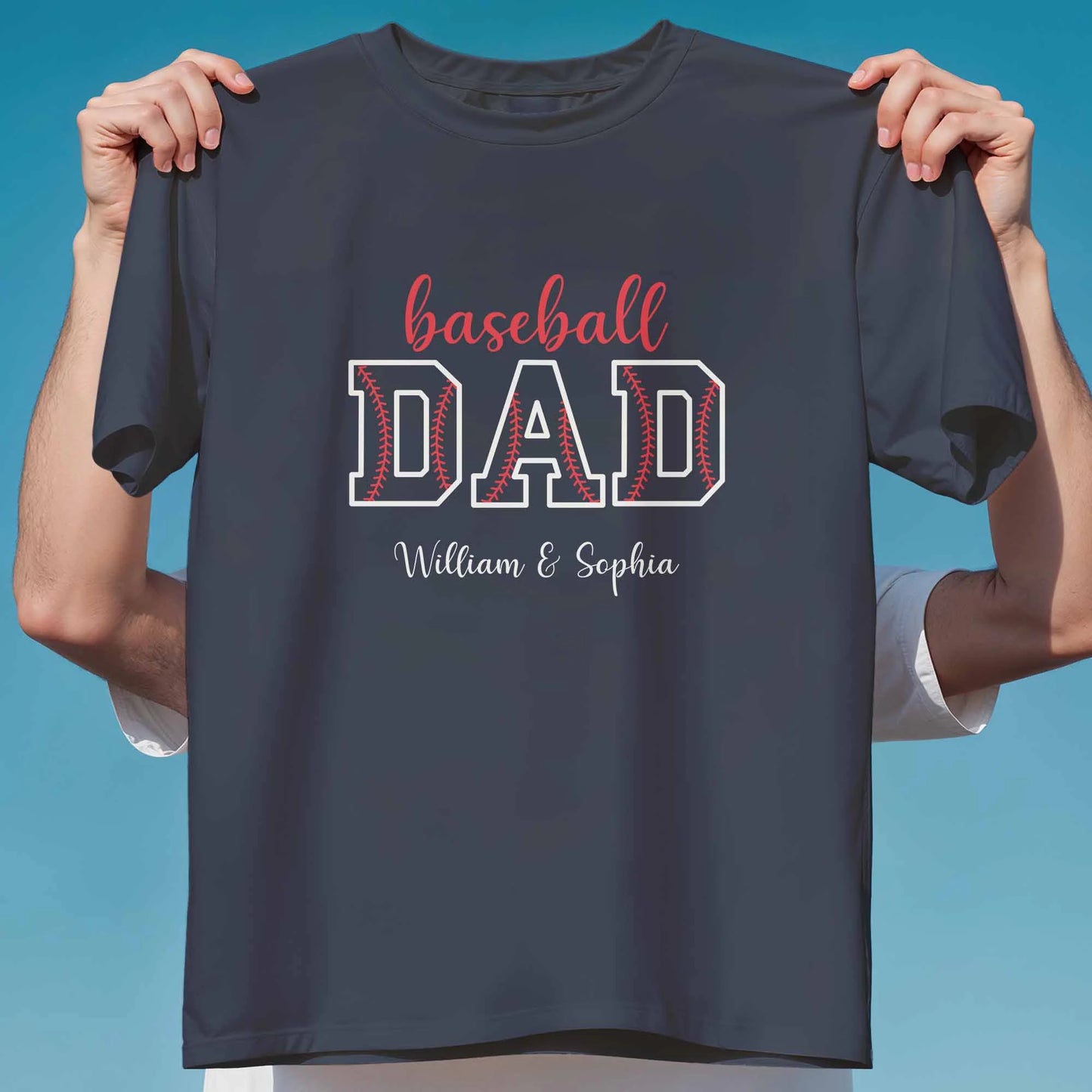 Personalised Sports Father T-Shirt - Custom Baseball Dad Children Names Black Gift