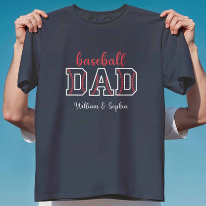 Personalised Sports Father T-Shirt - Custom Baseball Dad Children Names Black Gift