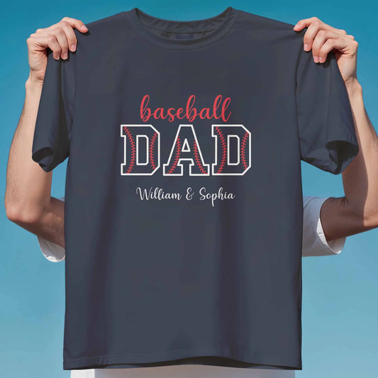 Personalised Sports Father T-Shirt - Custom Baseball Dad Children Names Black Gift