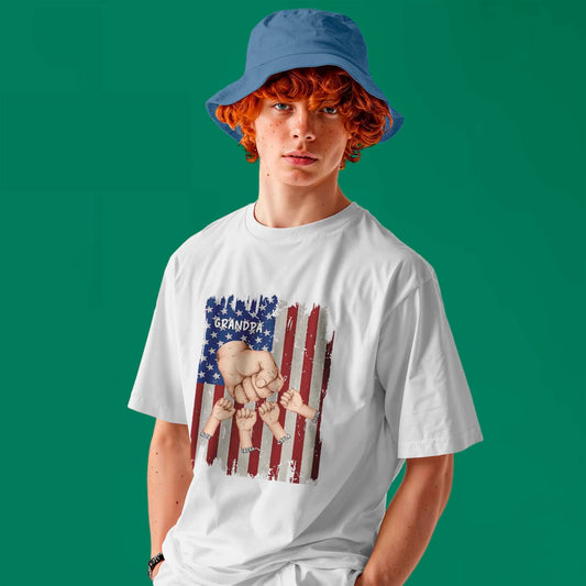 Custom Grandpa American Flag T-Shirt - Personalised Grandfather Gift with Handhold Design