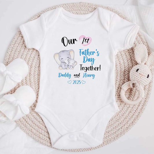 Personalised Cute Elephant Baby Bodysuit - First Father's Day Gift, Matching Outfit with Dad