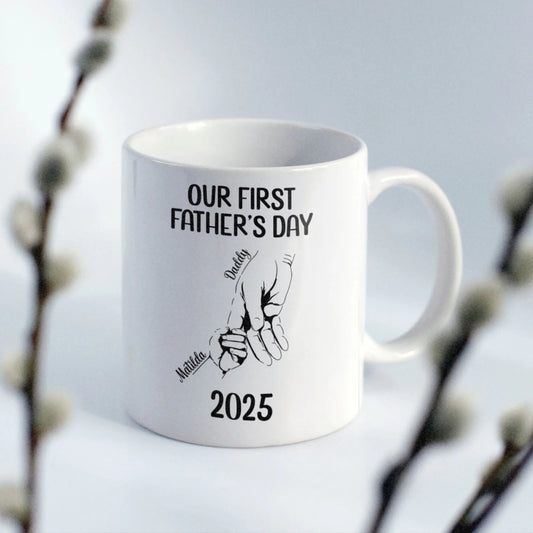 Personalised Ceramic Mug - Custom First Fathers Day Dad Baby Holding Hands Gift