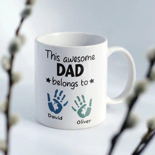 Custom Children Handprint Mug - Personalised Dad Belongs To Kids Names Gift