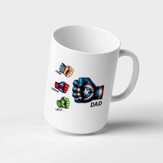 Personalised Dad Superhero Mug - Custom Family Names Hero Hands Design Gift